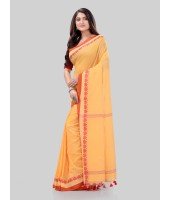 DESH BIDESH Women`s Traditional Bengali Tant Handloom Cotton Saree Royel Loveria Design With Blouse Piece(Yellow)