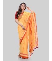 DESH BIDESH Women`s Traditional Bengali Tant Handloom Cotton Saree Royel Loveria Design With Blouse Piece(Yellow)