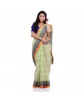 Women`s Traditional Pure Cotton Handloom Saree Woven Tikli Designer Without Blouse Piece (Soft Green)