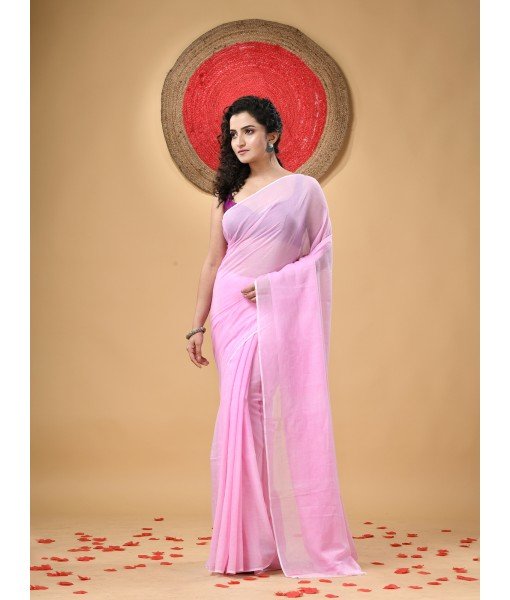  Fancy Trendy Solid Transparent Design Pure Cotton Handloom MulMul Saree (Pink)