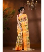  Tree Print Design Pure Handloom Cotton Saree Without Blouse Piece (Yellow)