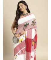 Handloom Pure Cotton Saree Tribal Hand Made Art Design With Blouse Piece (Red White)