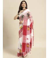 Handloom Pure Cotton Saree Tribal Hand Made Art Design With Blouse Piece (Red White)