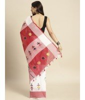 Handloom Pure Cotton Saree Tribal Hand Made Art Design With Blouse Piece (Red White)