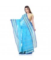 dB DESH BIDESH Women`s Bengal Handloom Pure Cotton Saree Khejur Chori Design Without Blouse Piece Cyan Blue