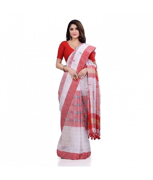 DESH BIDESH Women`s Bengal Handloom Pure Cotton Saree Kotki Design With Blouse Piece (White Red)