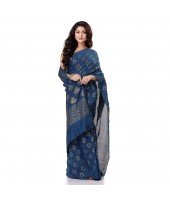 dB DESH BIDESH Women`s Bengal Tant Abhrak Work Design Soft Pure Handloom Cotton Saree With Blouse Piece Prussian Blue