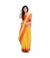 dB DESH BIDESH Women`s Bengal Tant Aradhana Design Pure Handloom Cotton Saree Without Blouse Piece Yellow Red