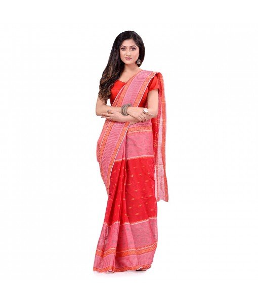 dB DESH BIDESH Women`s Bengal Tant Devdas Design Pure Handloom Cotton Saree Without Blouse Piece Red
