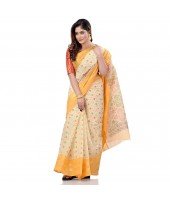 dB DESH BIDESH Women`s Bengal Tant Jamdani Printed Handloom Cotton Saree Without Blouse Piece (Yellow)