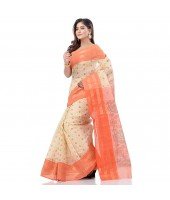 dB DESH BIDESH Women`s Bengal Tant Jamdani Printed Handloom Cotton Saree Without Blouse Piece (Orange)