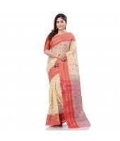 dB DESH BIDESH Women`s Bengal Tant Jamdani Printed Handloom Cotton Saree Without Blouse Piece (Red)