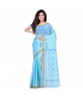 dB DESH BIDESH Women`s Bengal Tant Kerala Print Design Pure Handloom Cotton Saree Without Blouse Piece Blue
