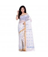 dB DESH BIDESH Women`s Bengal Tant Kerala Print Design Pure Handloom Cotton Saree Without Blouse Piece White Blue