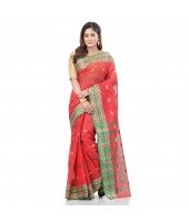 dB DESH BIDESH Women`s Bengal Tant Potrobinnas Pure Handloom Cotton Saree Without Blouse Piece (Red)