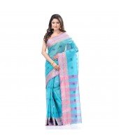 dB DESH BIDESH Women`s Bengal Tant Pure Handloom Cotton Saree Potrobinnas Design Without Blouse Piece Orange Blue