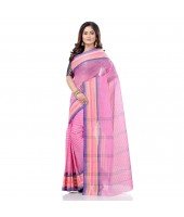 dB DESH BIDESH Women`s Bengali Tant Khejur Chori Pure Handloom Cotton Saree Without Blouse Piece (Pink)