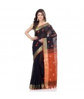 dB DESH BIDESH Women`s Pure Cotton Traditional Bengali Tant Handloom Cotton Saree Round Desigined With Blouse Piece (Black orange)