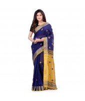 dB DESH BIDESH Women`s Pure Cotton Traditional Bengali Tant Handloom Cotton Saree Round Desigined With Blouse Piece (Deep Blue Yellow)