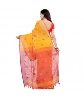 dB DESH BIDESH Women`s Pure Cotton Traditional Bengali Tant Handloom Cotton Saree Round Desigined With Blouse Piece (Yellow Pink)
