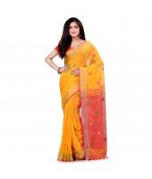 dB DESH BIDESH Women`s Pure Cotton Traditional Bengali Tant Handloom Cotton Saree Round Desigined With Blouse Piece (Yellow Pink)