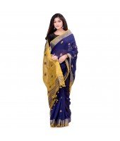 dB DESH BIDESH Women`s Pure Cotton Traditional Bengali Tant Handloom Cotton Saree Round Desigined With Blouse Piece (Deep Blue Yellow)