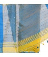 dB DESH BIDESH Women`s Tant Silk Handloom Cotton Saree Sequence Work With Blouse Piece Yellow Blue