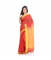 dB DESH BIDESH Women`s Tant Silk Handloom Cotton Saree Sequence Work With Blouse Piece (Red Yellow)