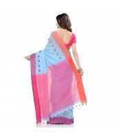 dB DESH BIDESH Women`s Traditional Bengal Handloom Tant Pure Cotton Saree Pompom Desigined With Blouse Piece (White Pink)