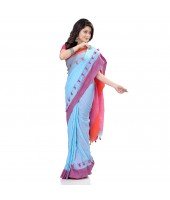 dB DESH BIDESH Women`s Traditional Bengal Handloom Tant Pure Cotton Saree Pompom Desigined With Blouse Piece (White Pink)