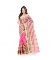dB DESH BIDESH Women`s Traditional Bengal Tant 3D Temple Design Handloom Pure Cotton Saree Without Blouse Piece Yellow Pink