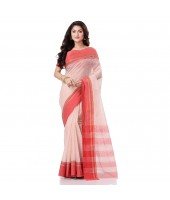 dB DESH BIDESH Women`s Traditional Bengal Tant Pure Handloom Cotton Saree Kantha Stitch Woven Without Blouse Piece White Red