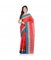 dB DESH BIDESH Women`s Traditional Bengal Tant Pure Handloom Cotton Saree Lotus Kolka Woven Design Without Blouse Piece (Light Red)