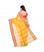 dB DESH BIDESH Women`s Traditional Bengal Tant Pure Handloom Cotton Saree Patabahar Design Without Blouse Piece Deep Yellow