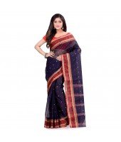dB DESH BIDESH Women`s Traditional Bengal Tant Pure Handloom Cotton Saree Patabahar Design Without Blouse Piece navy Blue Red