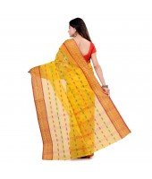 dB DESH BIDESH Women`s Traditional Bengal Tant Woven Haldi Chaturanga Design Pure Handloom Cotton Saree Without Blouse Piece (Yellow Red)