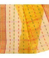 dB DESH BIDESH Women`s Traditional Bengal Tant Woven Haldi Chaturanga Design Pure Handloom Cotton Saree Without Blouse Piece (Yellow Red)