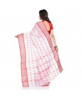 dB DESH BIDESH Women`s Traditional Bengal Tant Woven Lal Paar Sada Design Pure Handloom Cotton Saree Without Blouse Piece (Red White)