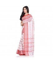 dB DESH BIDESH Women`s Traditional Bengal Tant Woven Lal Paar Sada Design Pure Handloom Cotton Saree Without Blouse Piece (Red White)