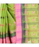 dB DESH BIDESH Women`s Traditional Bengal Tant Woven Lotus Kolka Design Pure Cotton Handloom Saree Without Blouse Piece Green Pink