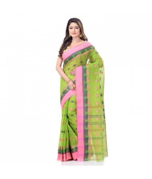 dB DESH BIDESH Women`s Traditional Bengal Tant Woven Lotus Kolka Design Pure Cotton Handloom Saree Without Blouse Piece Green Pink