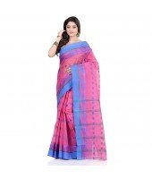 dB DESH BIDESH Women`s Traditional Bengal Tant Woven RaniSaheba Design Pure Handloom Cotton Saree Without Blouse Piece (Pink)
