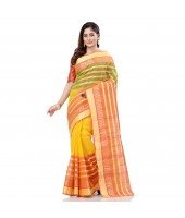 dB DESH BIDESH Women`s Traditional Bengali 3D Temple Design Pure Handloom Cotton Saree Without Blouse Piece (Yellow)