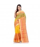 dB DESH BIDESH Women`s Traditional Bengali 3D Temple Design Pure Handloom Cotton Saree Without Blouse Piece (Yellow)