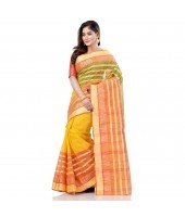 dB DESH BIDESH Women`s Traditional Bengali 3D Temple Design Pure Handloom Cotton Saree Without Blouse Piece (Yellow)