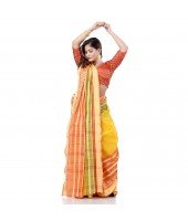 dB DESH BIDESH Women`s Traditional Bengali 3D Temple Design Pure Handloom Cotton Saree Without Blouse Piece (Yellow)