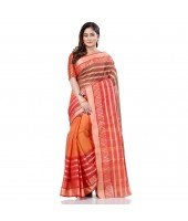 dB DESH BIDESH Women`s Traditional Bengali 3D Temple Design Pure Handloom Cotton Saree Without Blouse Piece (Orange Red)