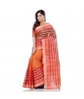 dB DESH BIDESH Women`s Traditional Bengali 3D Temple Design Pure Handloom Cotton Saree Without Blouse Piece (Orange Red)