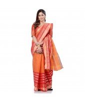 dB DESH BIDESH Women`s Traditional Bengali 3D Temple Design Pure Handloom Cotton Saree Without Blouse Piece (Orange Red)