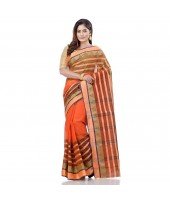 dB DESH BIDESH Women`s Traditional Bengali 3D Temple Design Pure Handloom Cotton Saree Without Blouse Piece (Orange Green)